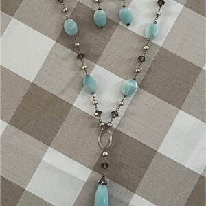 Elegant Blue Ammonzanite, Smokey Topaz & Pearl Necklace & Earring Set. Sterling